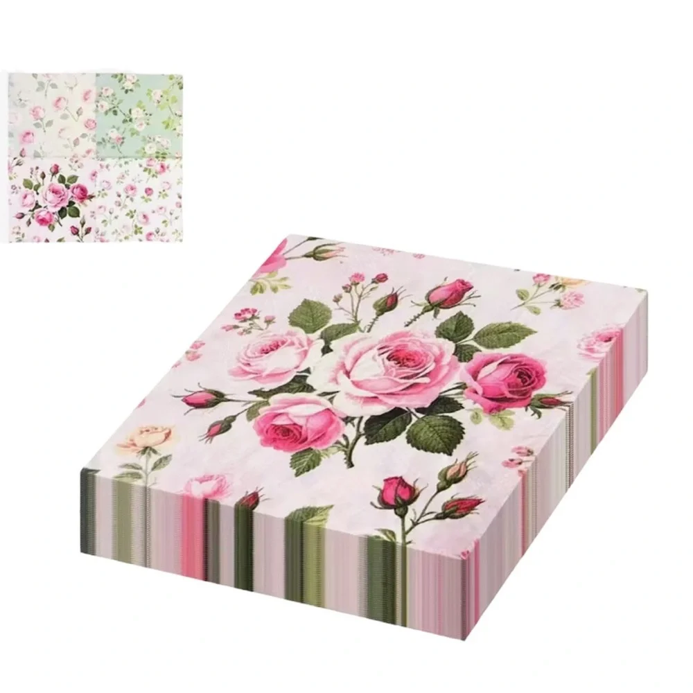 Set of 20 Four Unique Designs of Roses in One Floral Luncheon Napkins